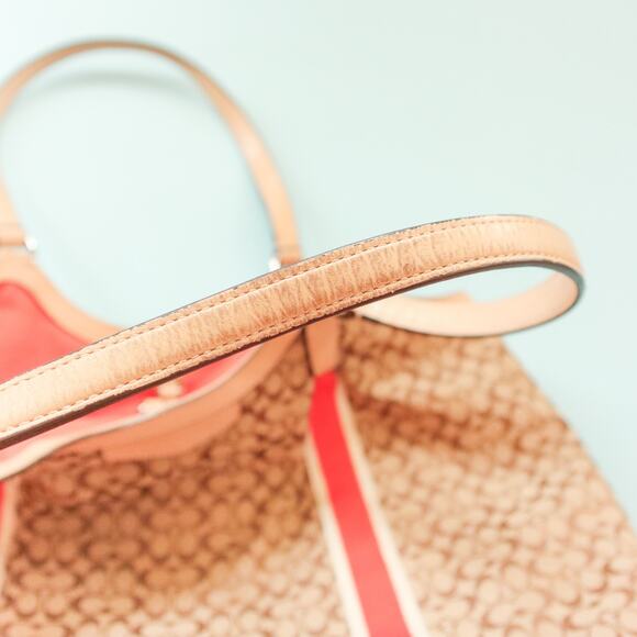 Coach Devin Signature Stripe Orange Top Handle Tote Bag Leather Strap - Picture 11 of 14
